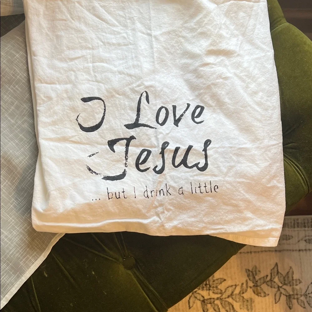 White Graphic “Hang Tight Towel” with Black Text